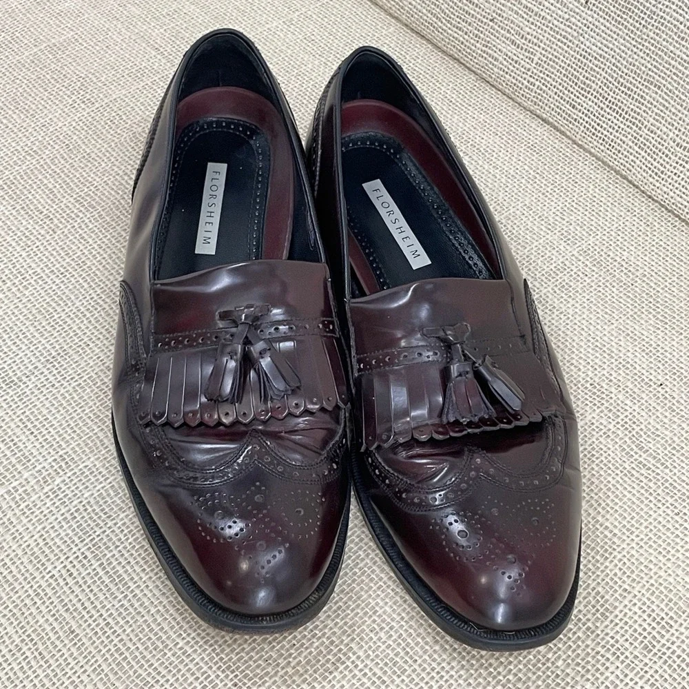 Florsheim Mens 13 D Burgundy Leather‎ Wingtip Kiltie Tassel Loafers Dress Shoe
